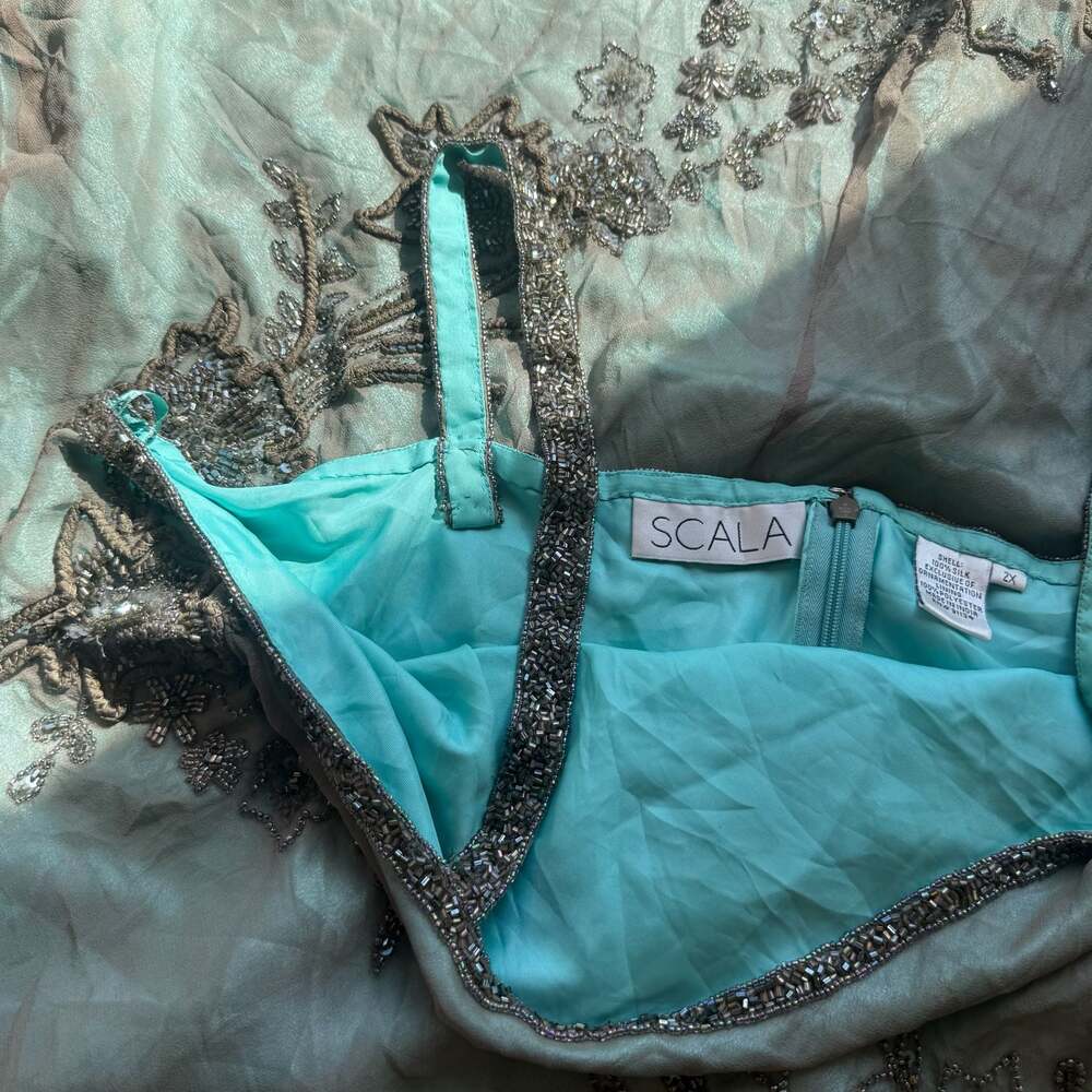 Vintage Scala 100% Silk Beaded Floral Maxi Dress Gunmetal Teal Plus Size 2X - Picture 11 of 16